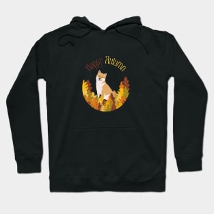 Shiba Inu in Colorful Fall Leaves with Happy Autumn Sign Hoodie